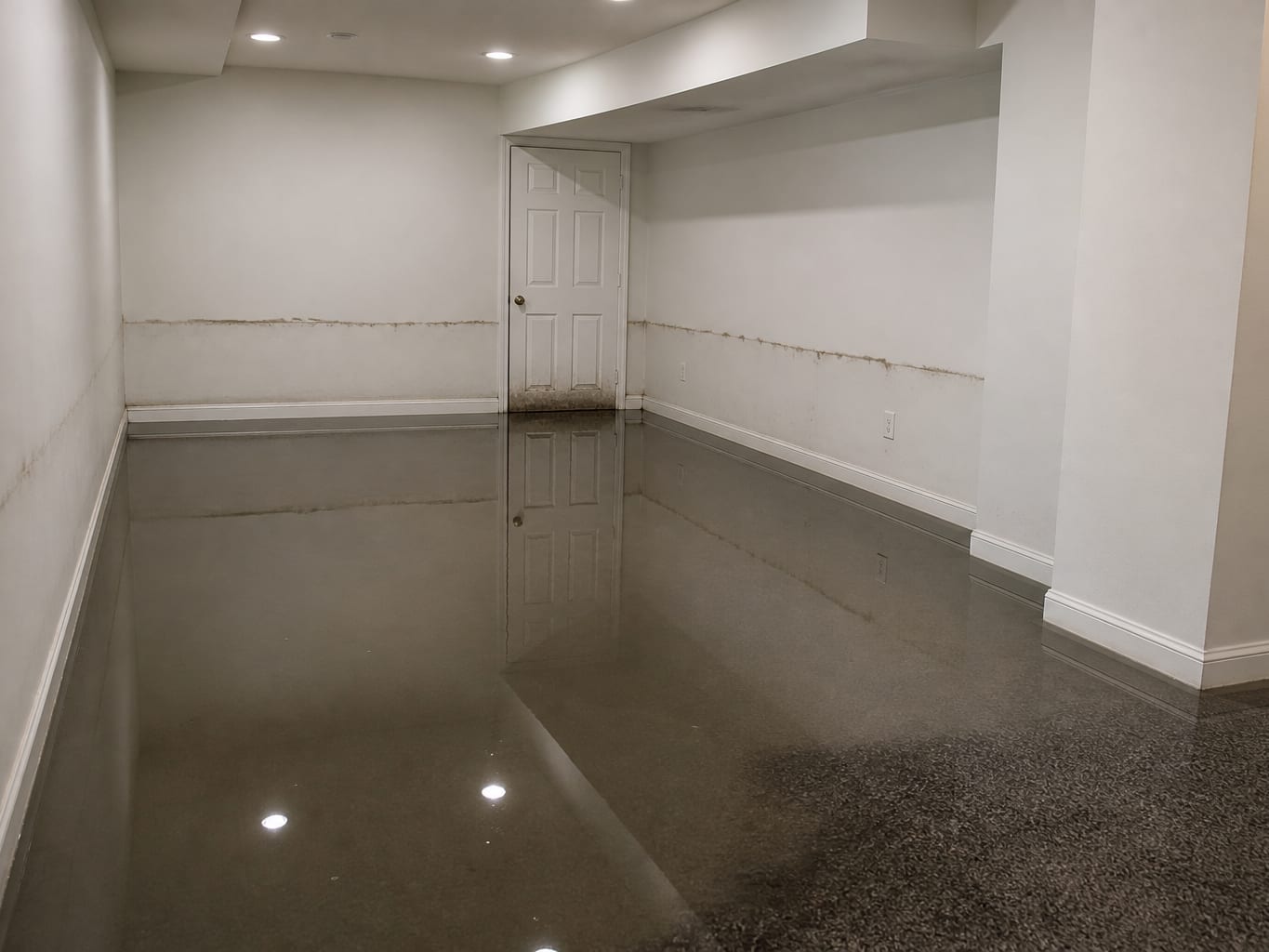 Standing water lying across the floor of a finished New Jersey basement with a waterline already visible on the drywall above it