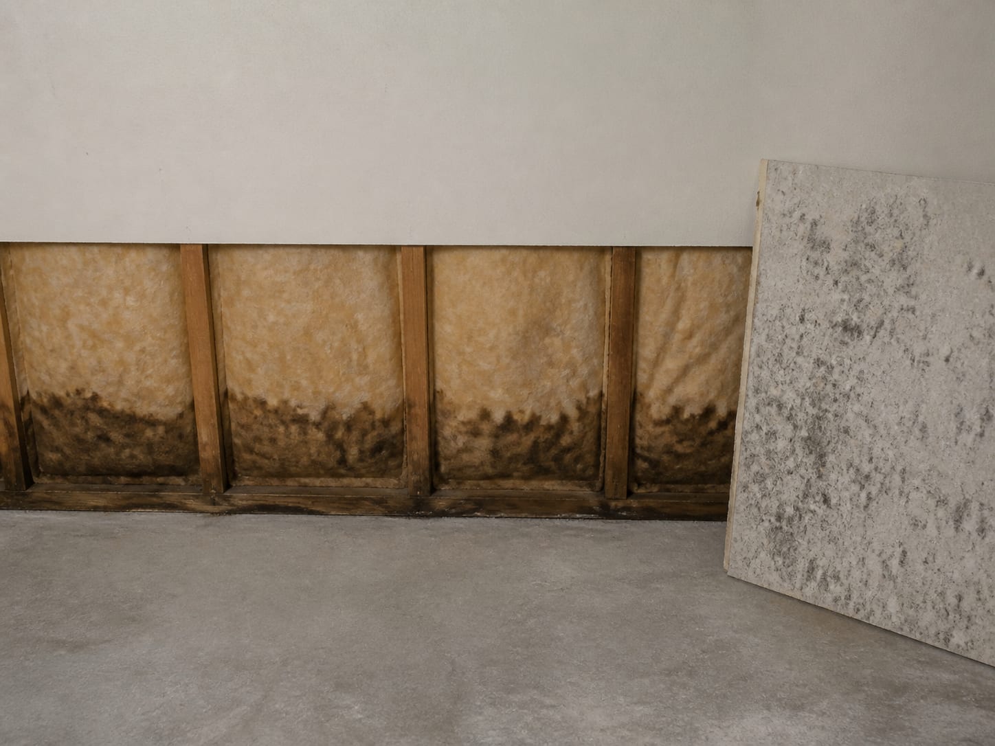 Drywall cut to a clean horizontal line in a New Jersey basement with the wall cavity and darkened insulation exposed behind it