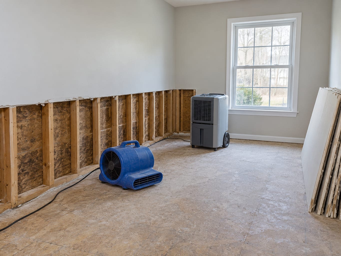 A ground-floor room in a New Jersey home with the lower drywall cut away to bare studs, a low air mover aimed into the open cavity and a dehumidifier on the floor