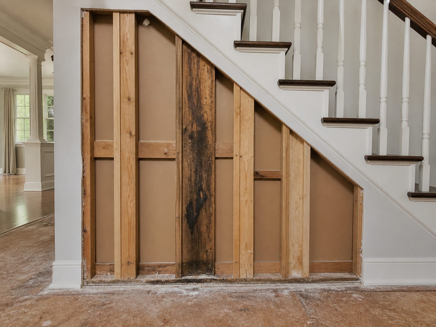 A wall alongside a staircase opened to the framing, showing a dark vertical run down one stud face and a straight cut line where the flooring below was removed, in Alpine, New Jersey