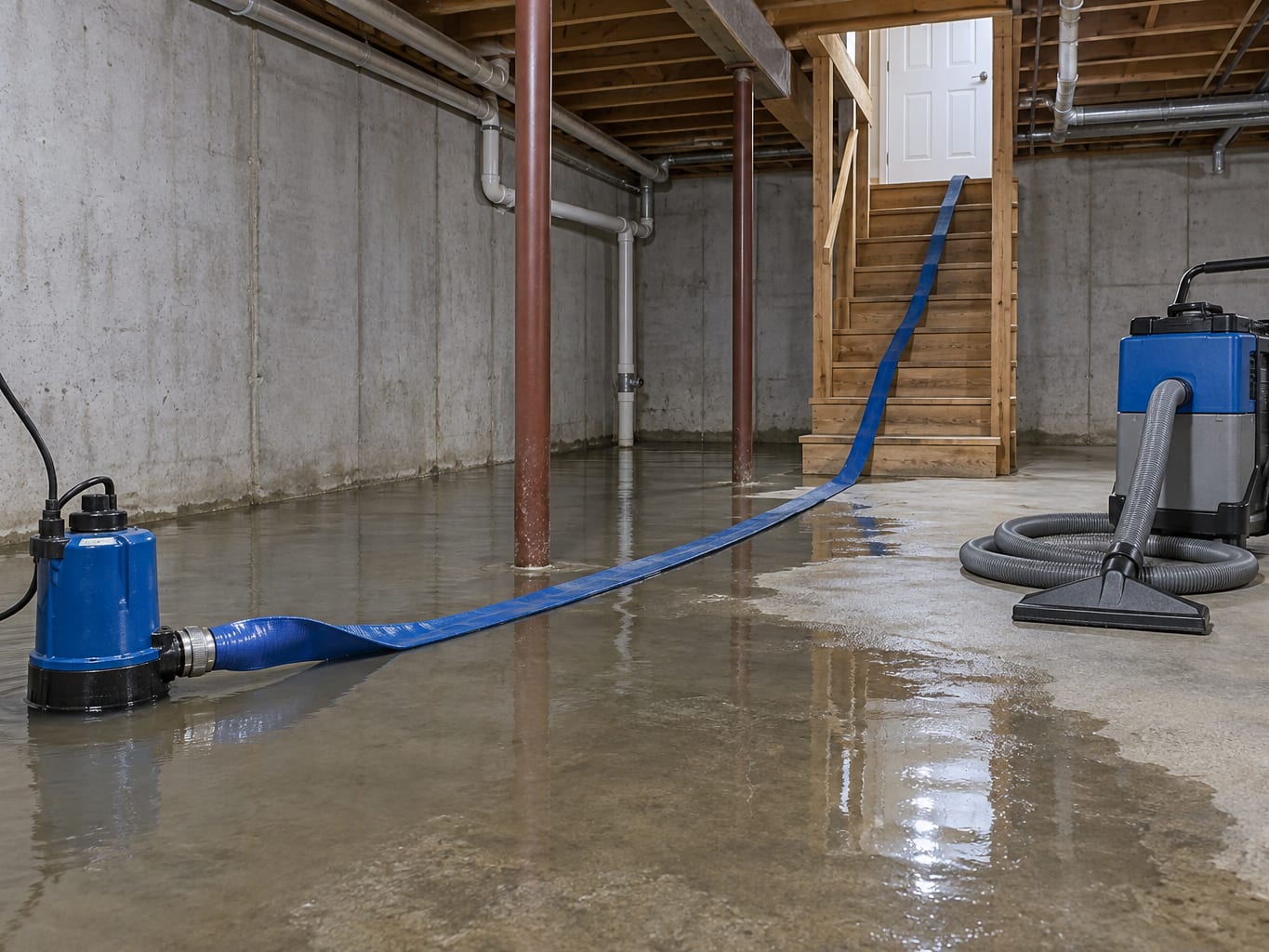 A submersible pump in shallow water on an unfinished basement floor with a discharge hose running up the stairs, in a house in Bridgewater, New Jersey