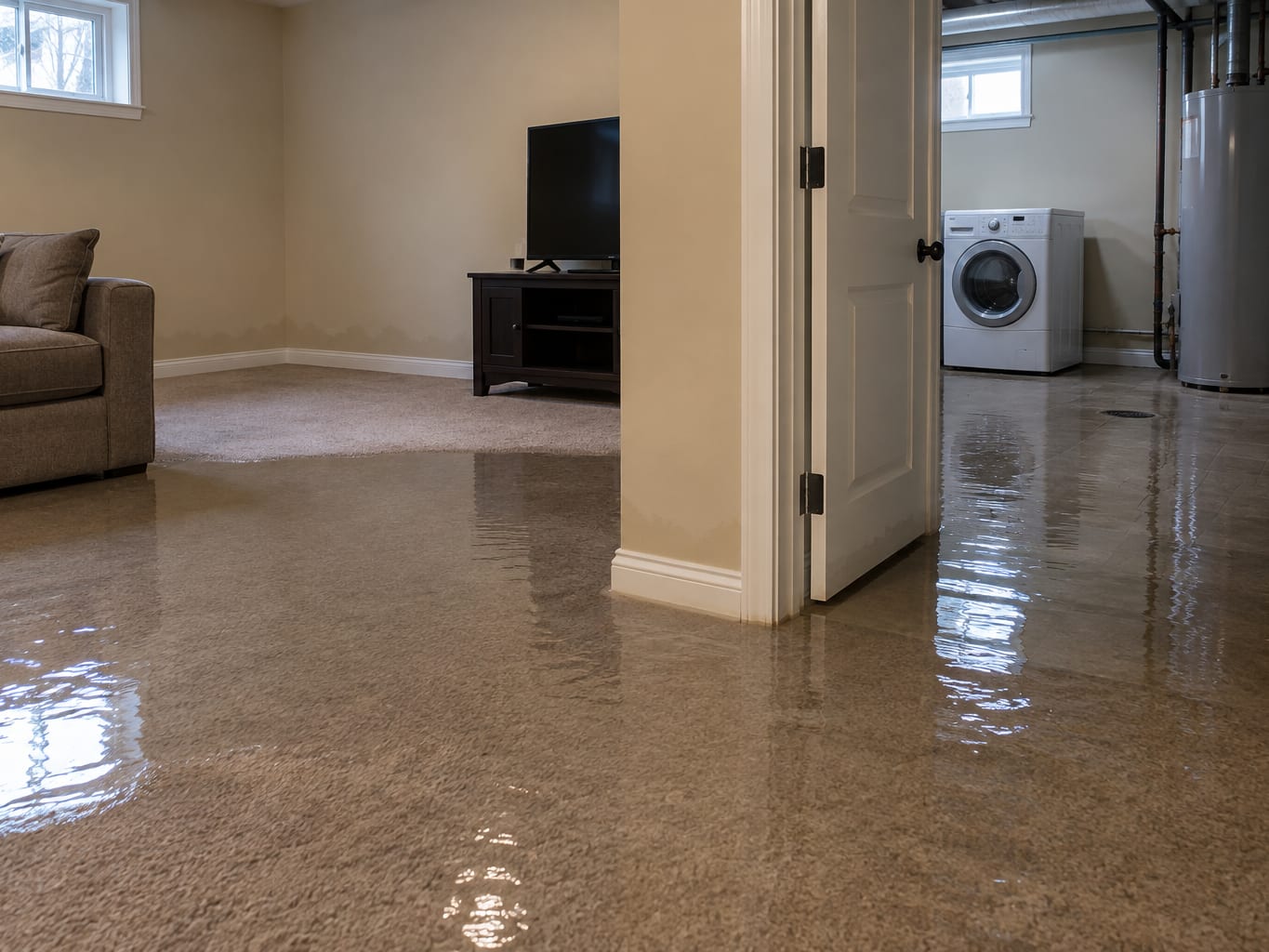 Shallow water spreading across the carpet of two connected finished basement rooms, in a house in Bridgewater, New Jersey