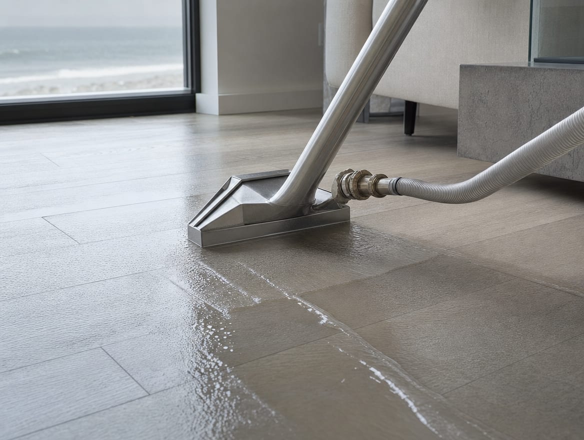 A floor extraction wand pulling standing water off a wide-plank floor in an upscale Deal coastal room