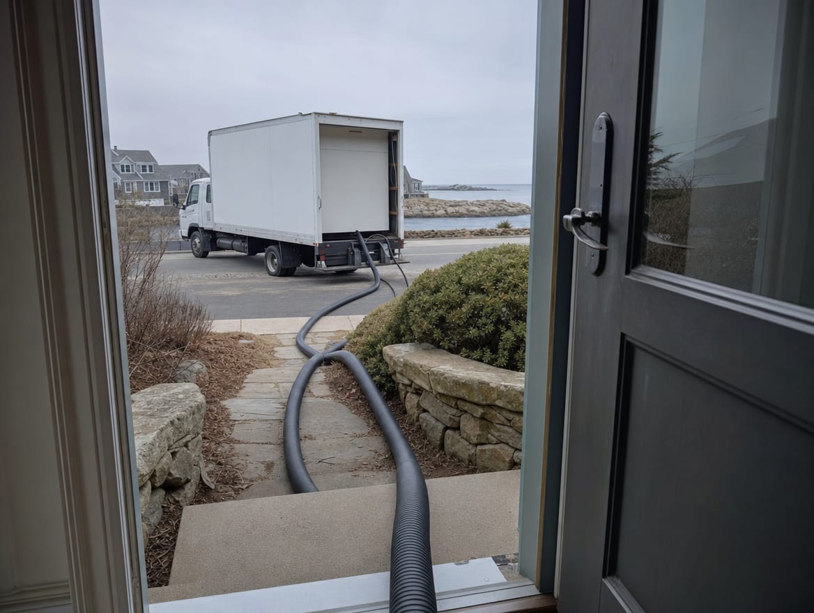 Extraction hoses running from a truck-mount unit outside into a Deal shore home for rapid first-response water extraction
