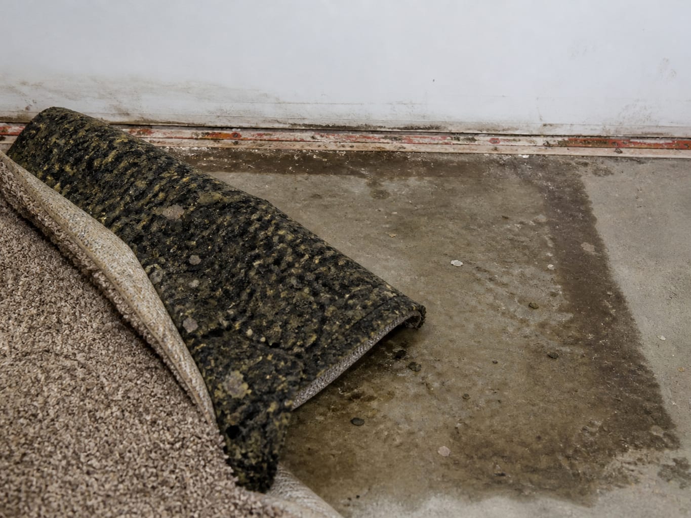 Carpet and padding peeled back from the tack strip at a wall base in a Livingston lower level, showing dark saturated padding and a damp concrete slab underneath