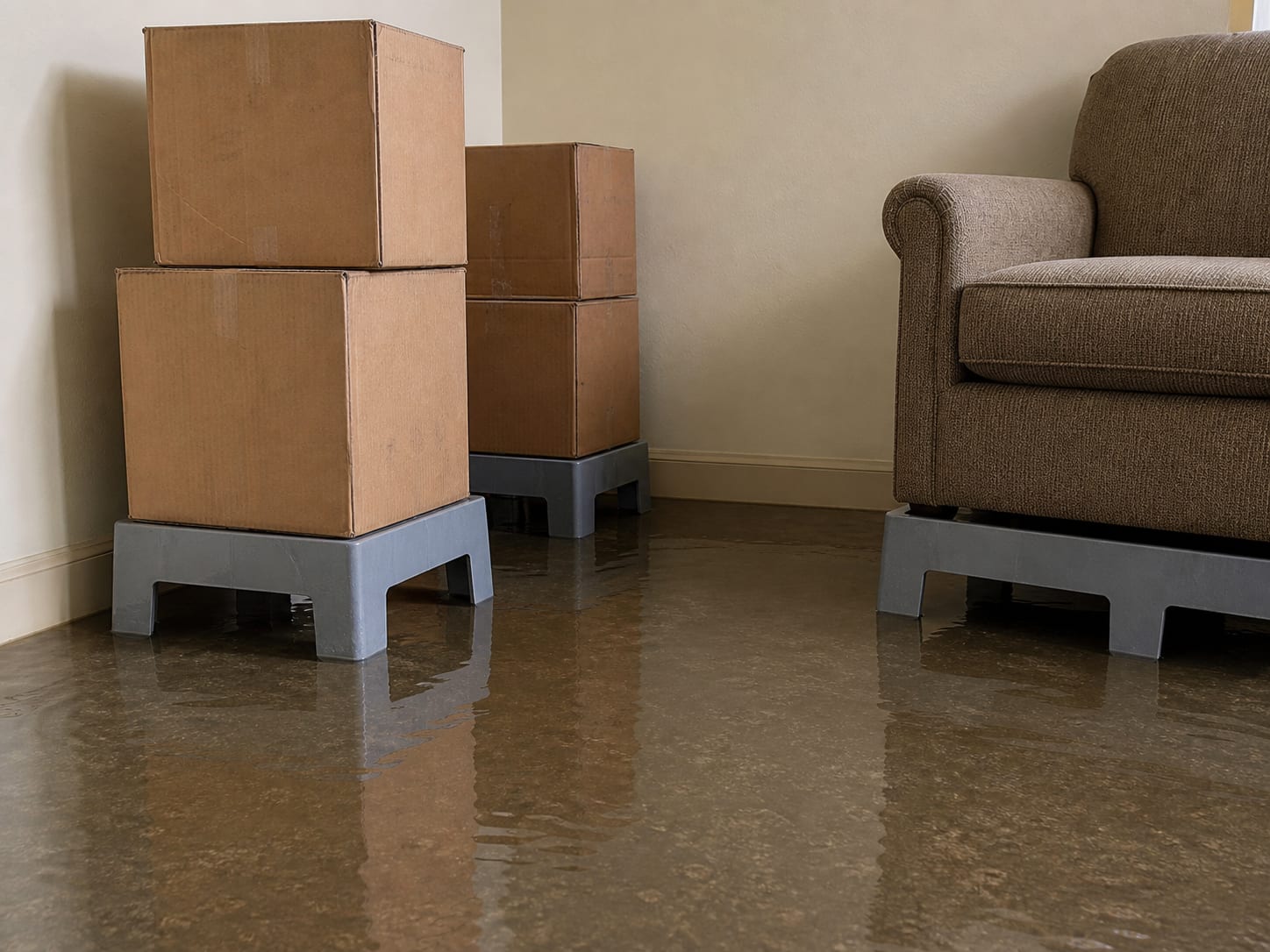 Cardboard boxes and a fabric armchair lifted onto plastic risers above a wet floor, water visible around the risers, no equipment running yet, in Plainsboro, New Jersey