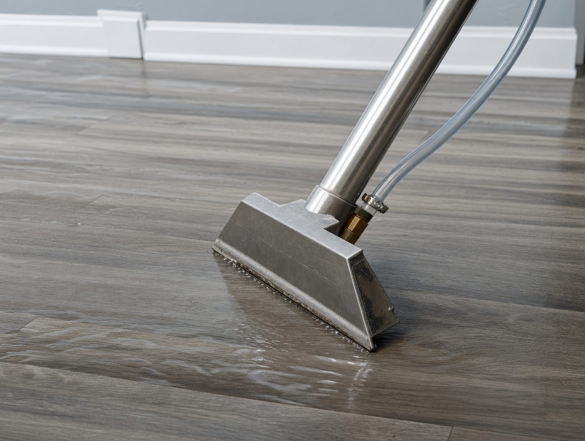 A professional extraction wand pulling standing water off modern basement flooring in a Princeton Junction home
