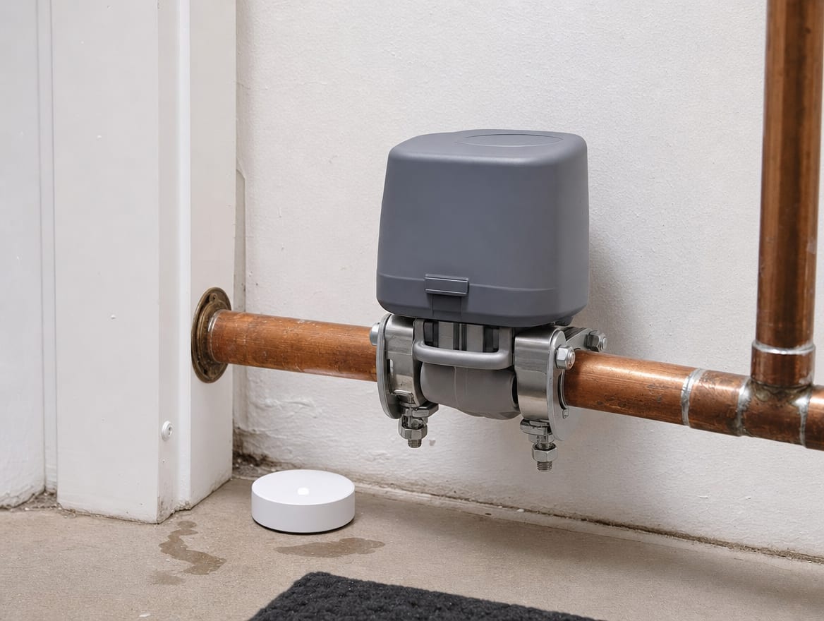 A smart automatic water shutoff valve and leak sensor on a modern home's main water supply line, remote protection for an empty commuter house