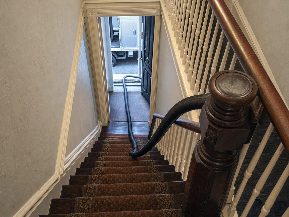A long extraction hose running down narrow historic stairs to a truck-mount, the tight-access challenge in an older Princeton building