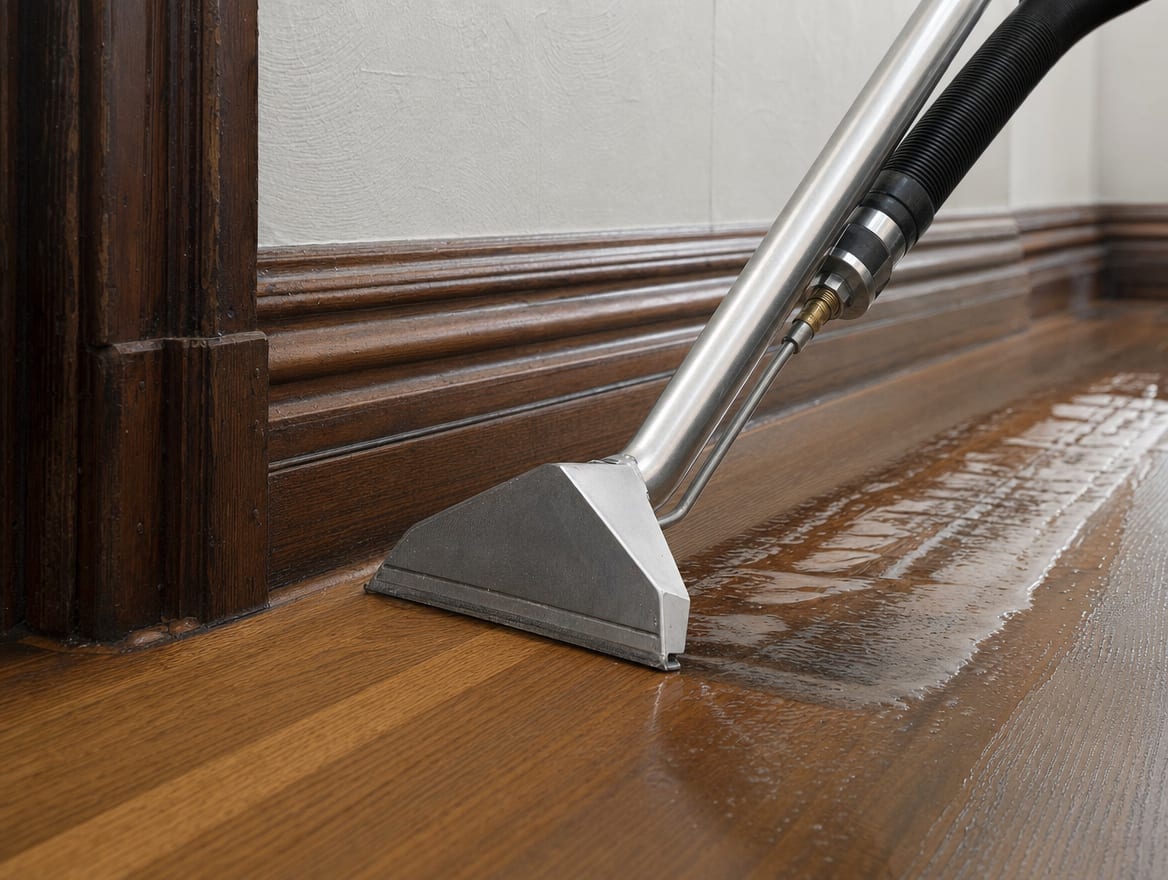 A professional extraction wand pulling standing water off an original hardwood floor in a historic Princeton room