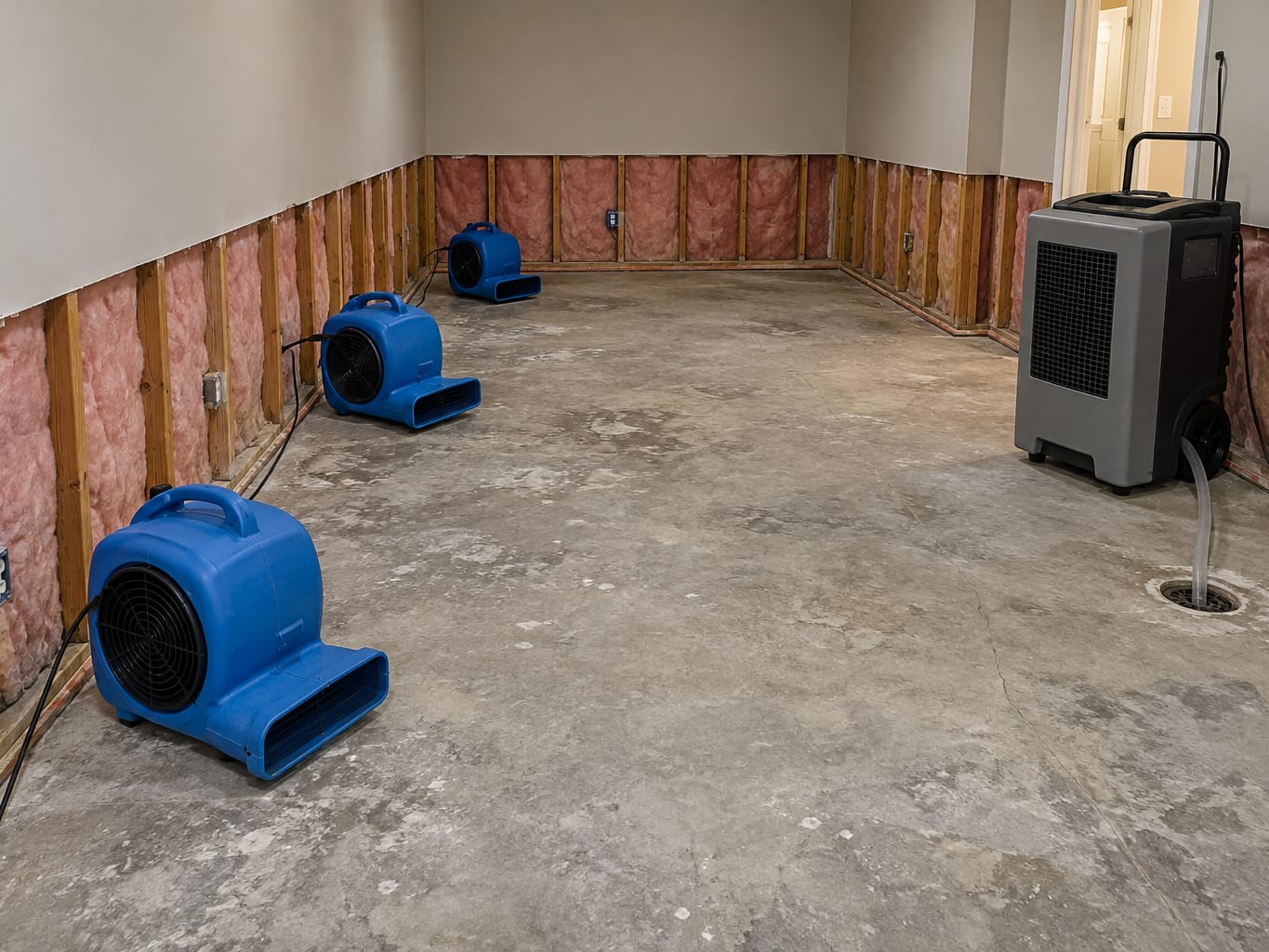 Basement room in a Robbinsville, New Jersey house with carpet pad removed, air movers along the wall and a dehumidifier running