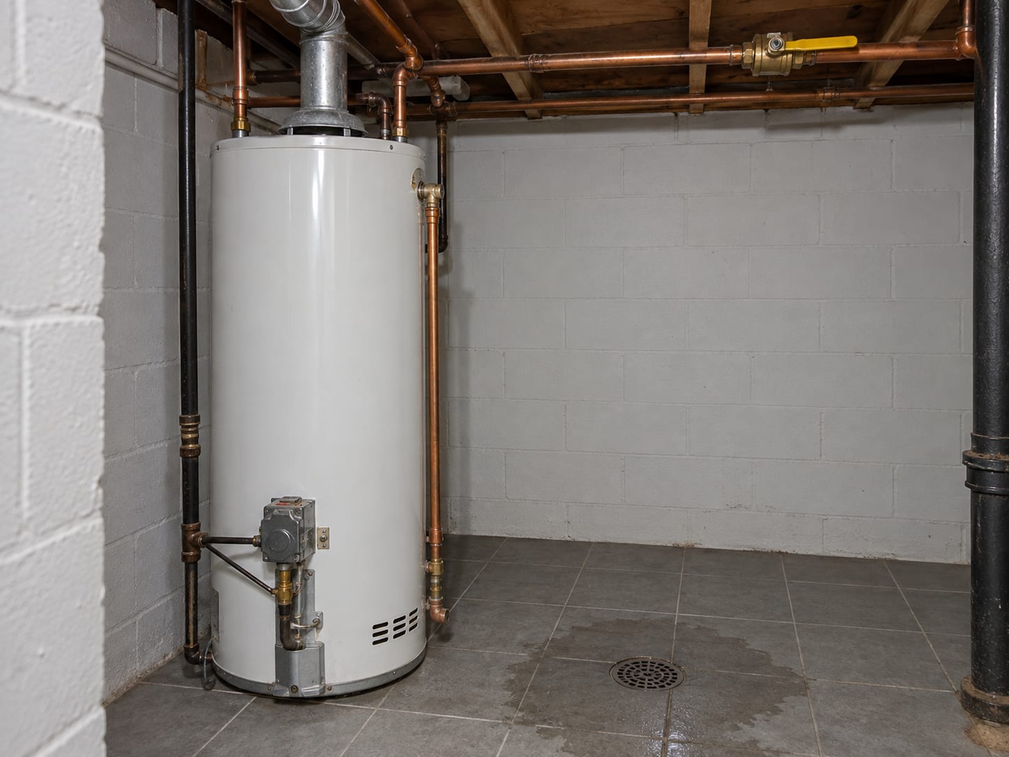Utility room in a Robbinsville, New Jersey house with a closed ball valve on a copper supply line beside a water heater and a damp tile floor