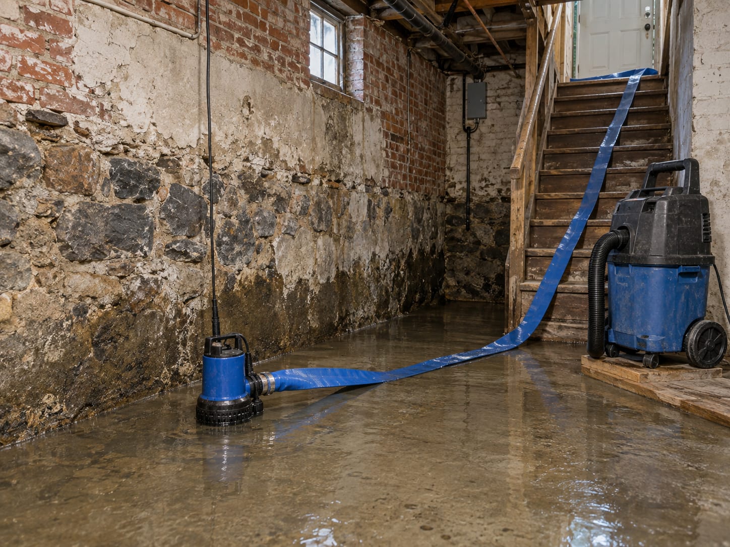 A submersible pump in shallow standing water on a rowhouse cellar floor with a hose running up the stairs in Trenton, New Jersey