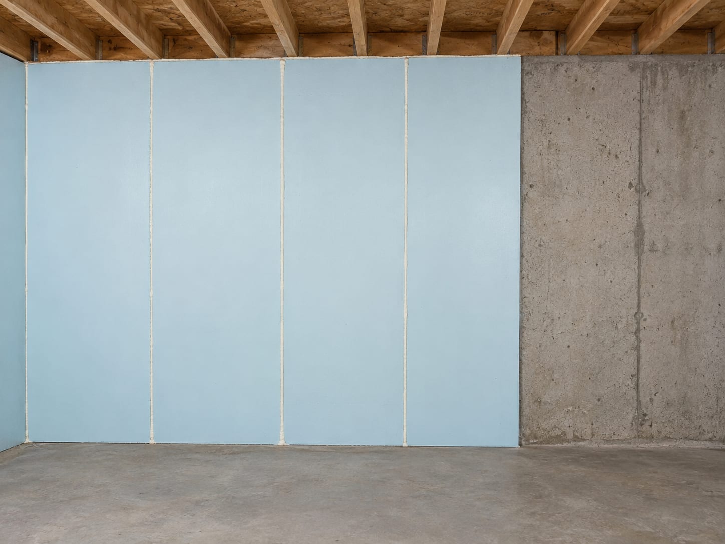Continuous rigid foam insulation board with sealed seams fastened against a poured concrete foundation wall in a New Jersey basement