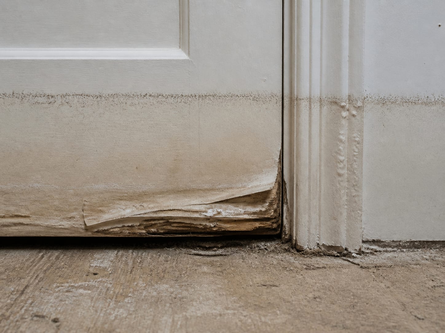 The lower part of a solid door and its casing seen from inside a stripped room, the bottom rail swollen and delaminating with a fine silt line dried across the face, in Alpine, New Jersey