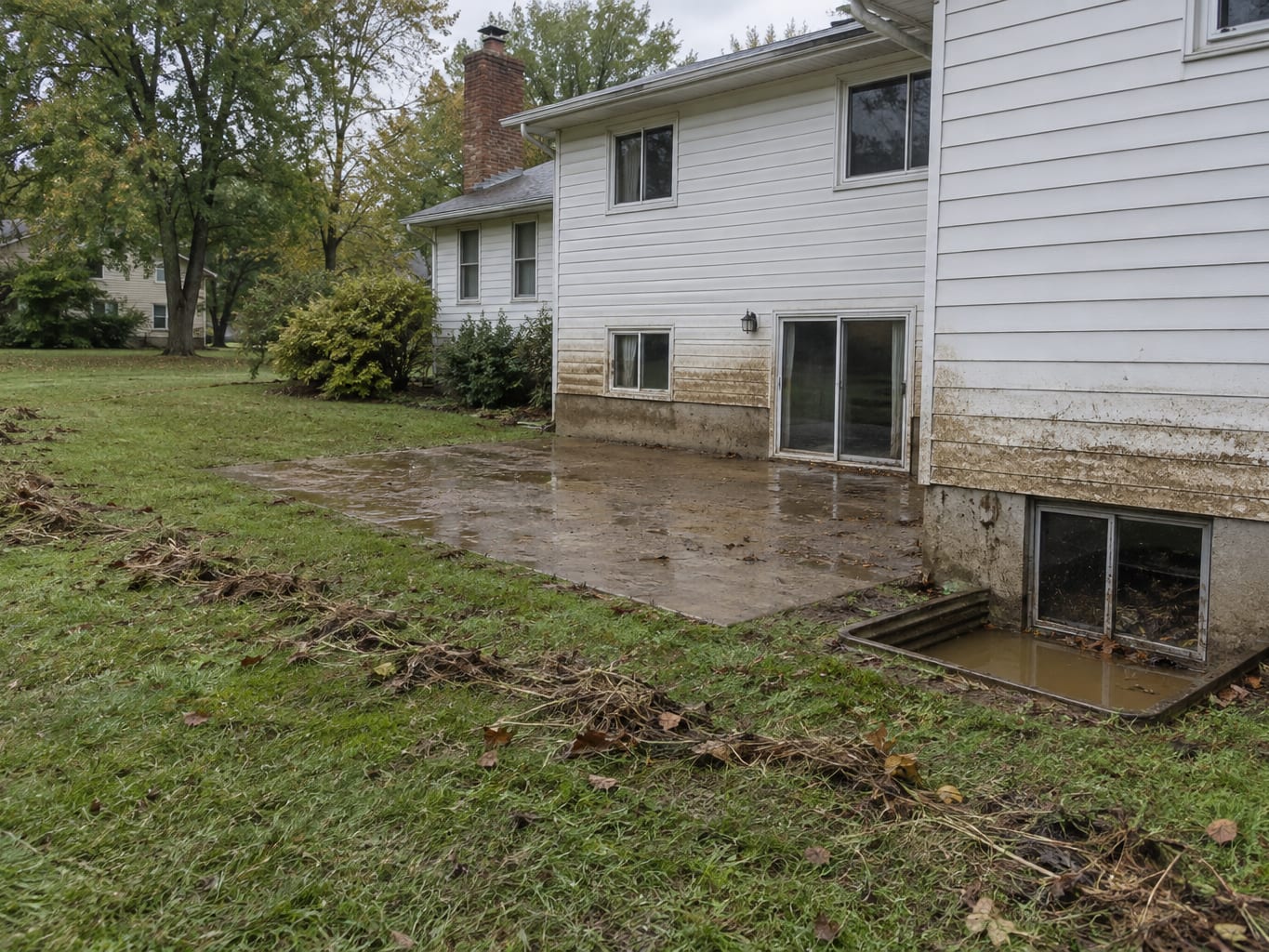 Silt-stained lower siding and a mud-filled window well on the outside of a split-level house after flooding in Bridgewater, New Jersey