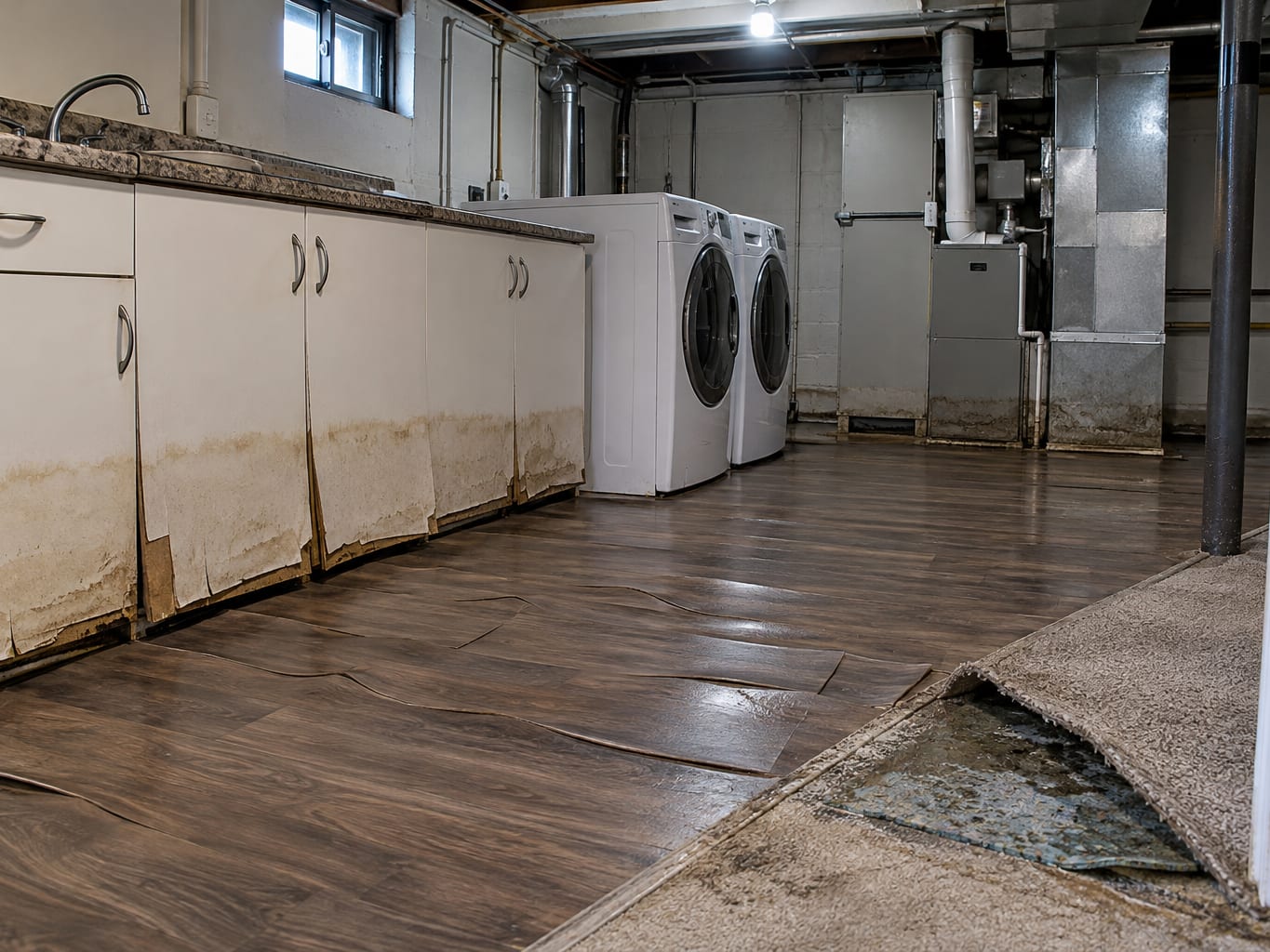Swollen lower cabinets, buckled laminate flooring and a silt-marked furnace in a flooded basement laundry area in Bridgewater, New Jersey