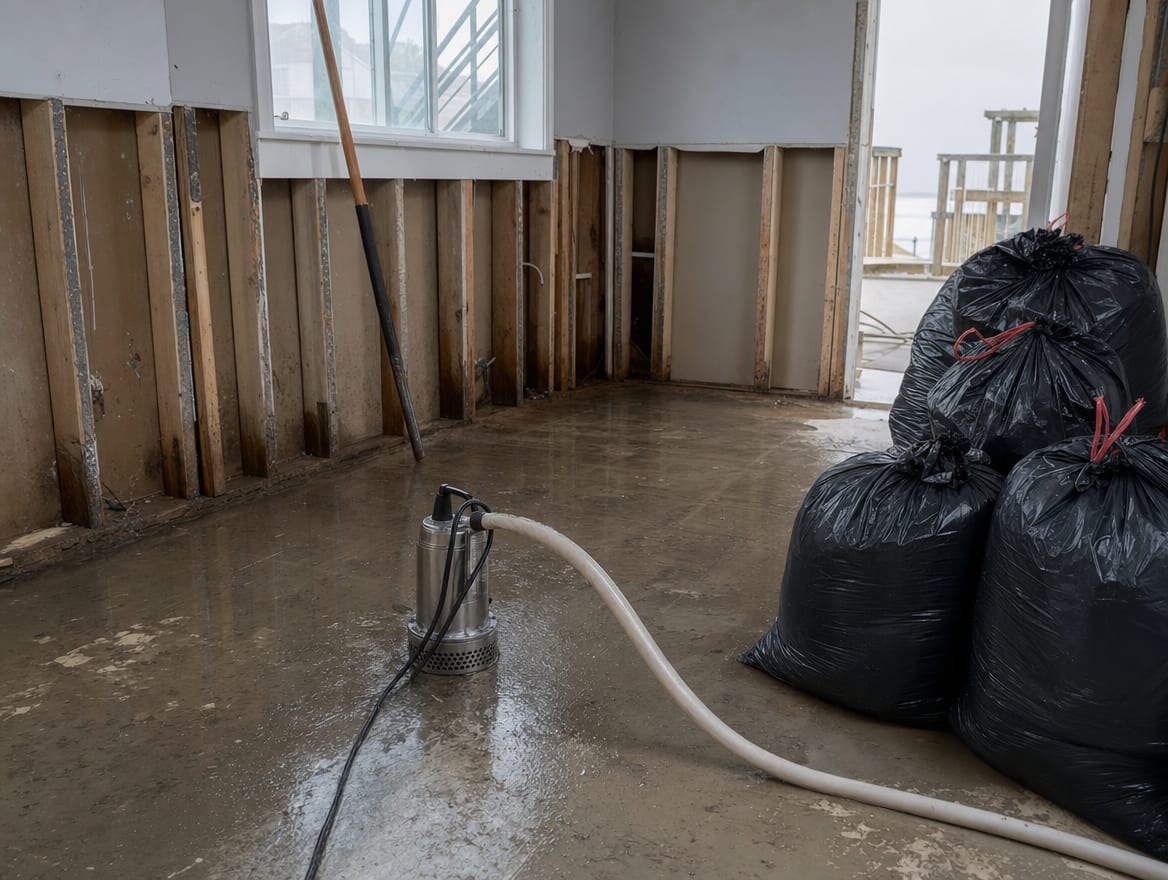Flood cleanup in a Deal coastal home with ruined drywall removed to the studs, bagged debris, and a pump clearing standing water