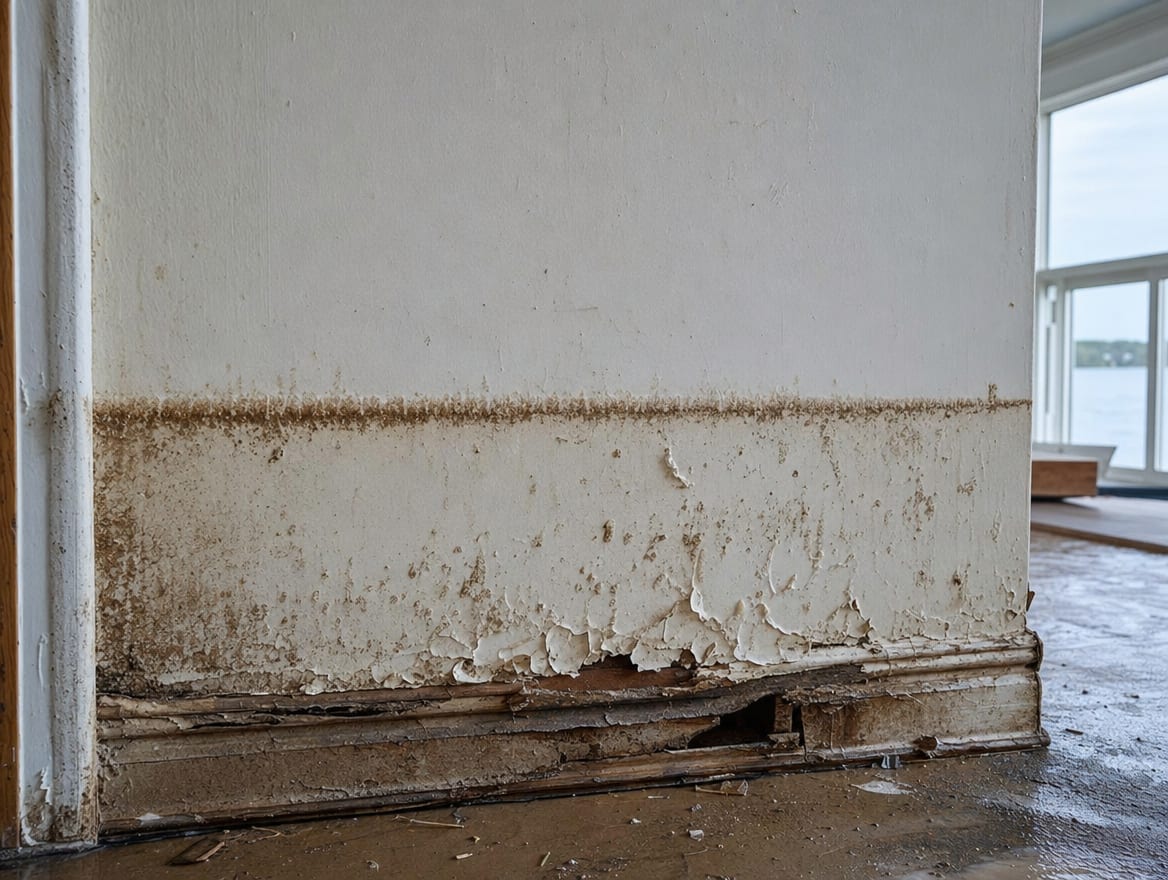 A brown silt flood water line and mud staining above ruined baseboard and drywall in a Deal coastal home