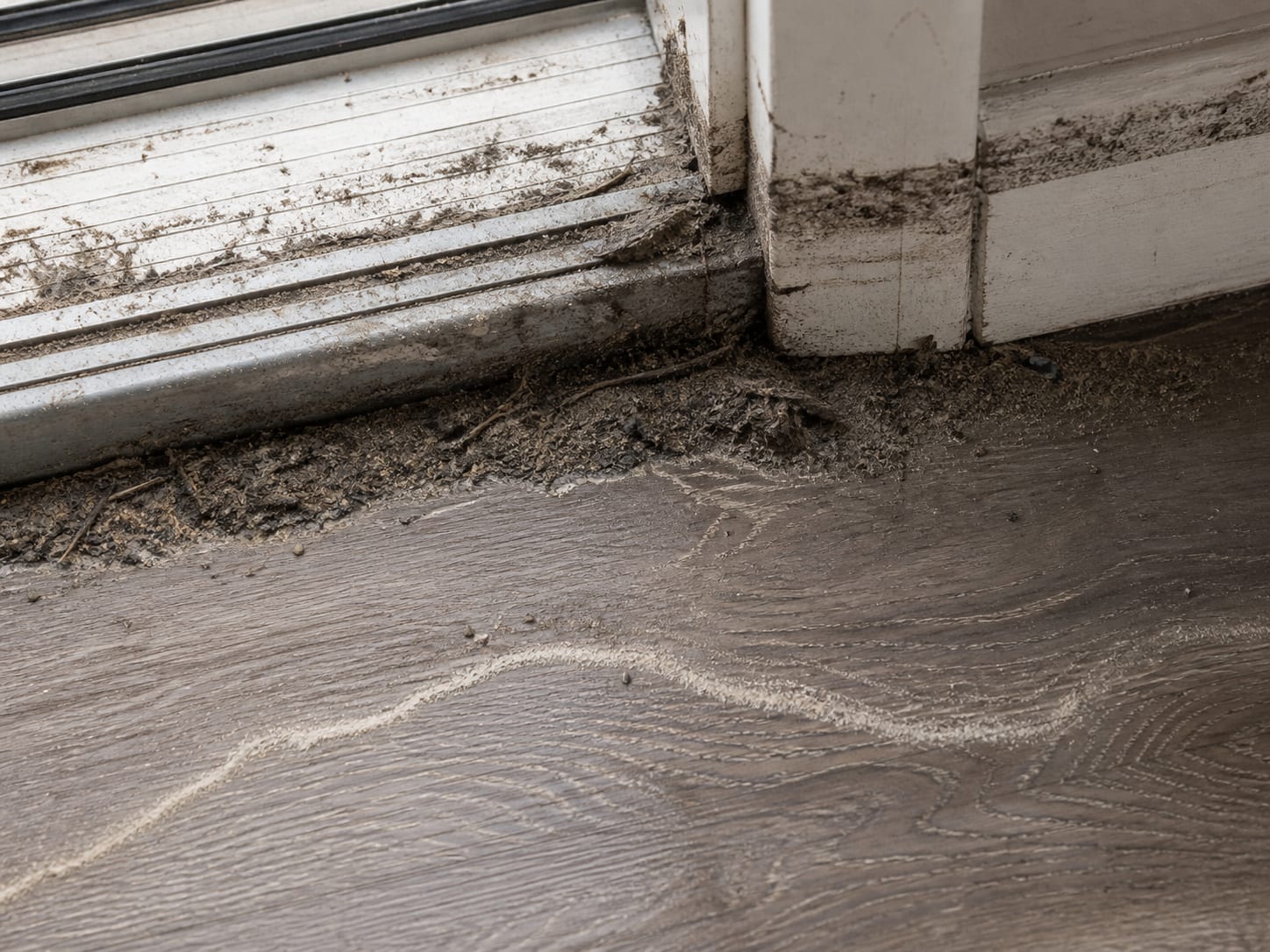 A close view from inside a doorway where silt and fine debris are packed against the threshold and the base of the casing, with a drying sediment line across the floor