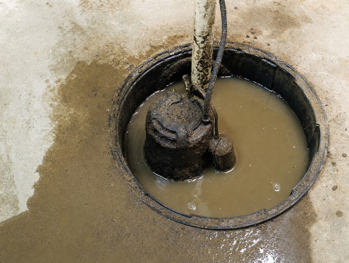 A failed sump pump in a sump pit with muddy water backed up and overflowing onto the basement floor