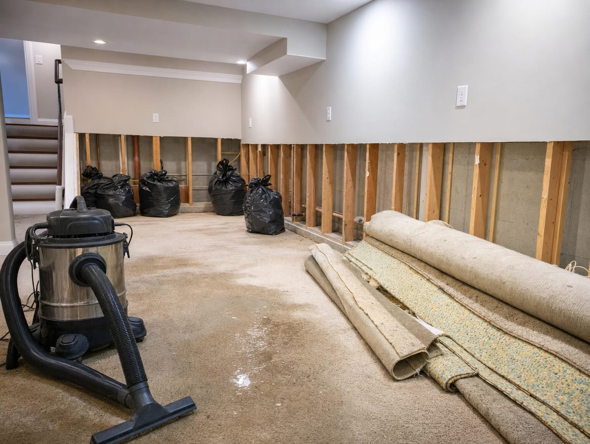 Flood-damaged carpet pulled up and lower drywall removed to the studs during cleanup in a Princeton Junction finished basement