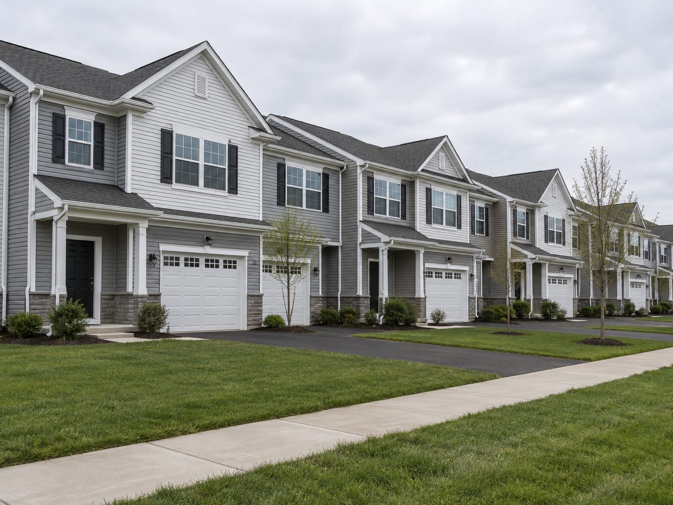 Row of grey and white vinyl townhouses with front garages and a shared lawn in Robbinsville, New Jersey