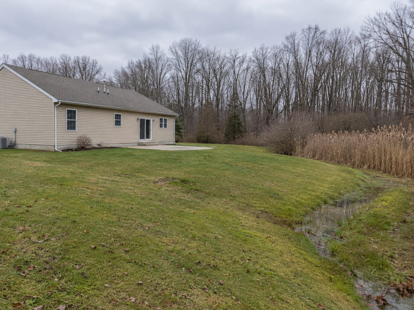 Vinyl ranch house on a flat wooded lot in Robbinsville, New Jersey with a grassy swale and reeds along the back edge