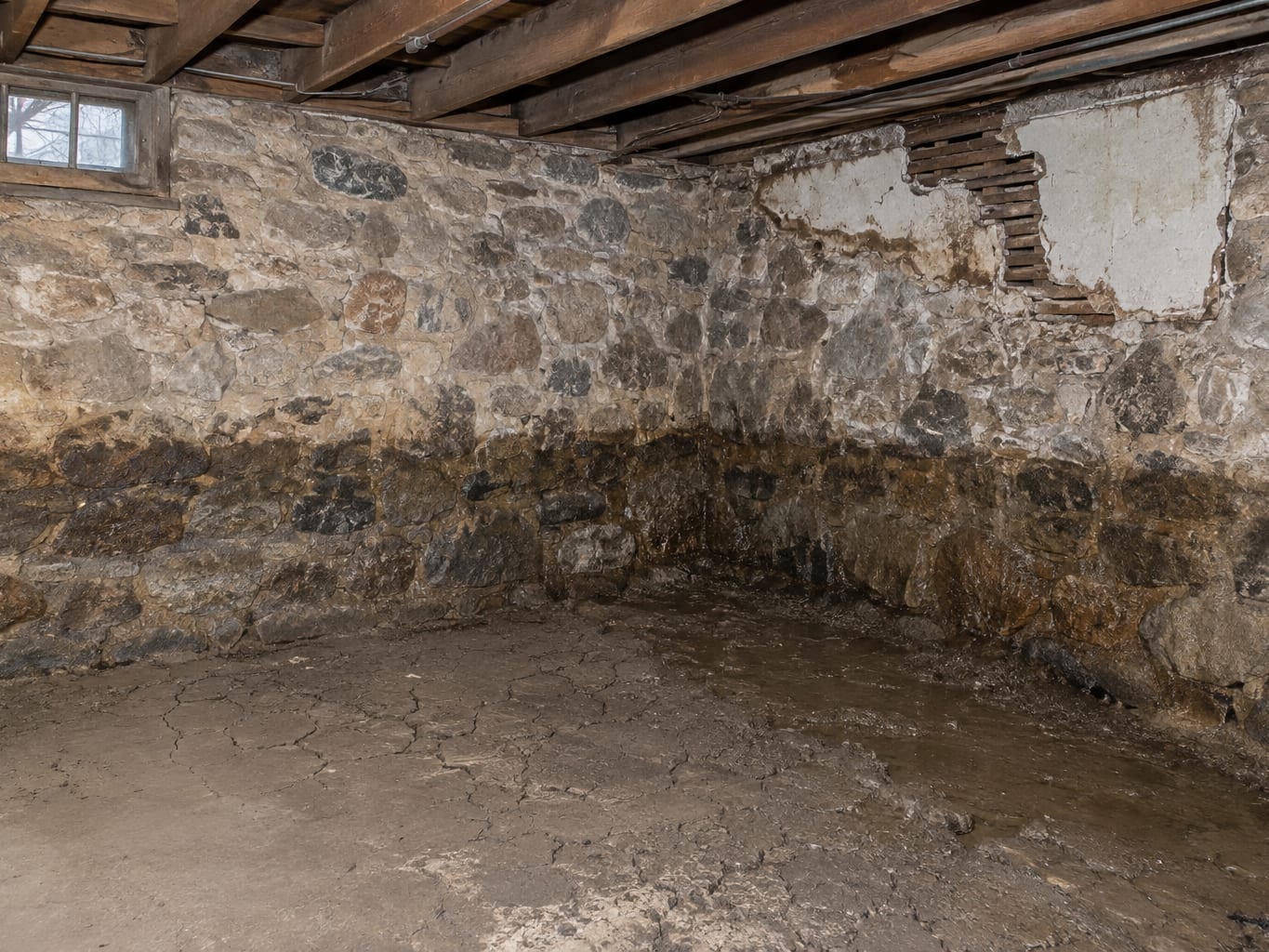 A layer of dried silt on a cellar floor and a waterline across the fieldstone wall above it in an older house in Trenton, New Jersey