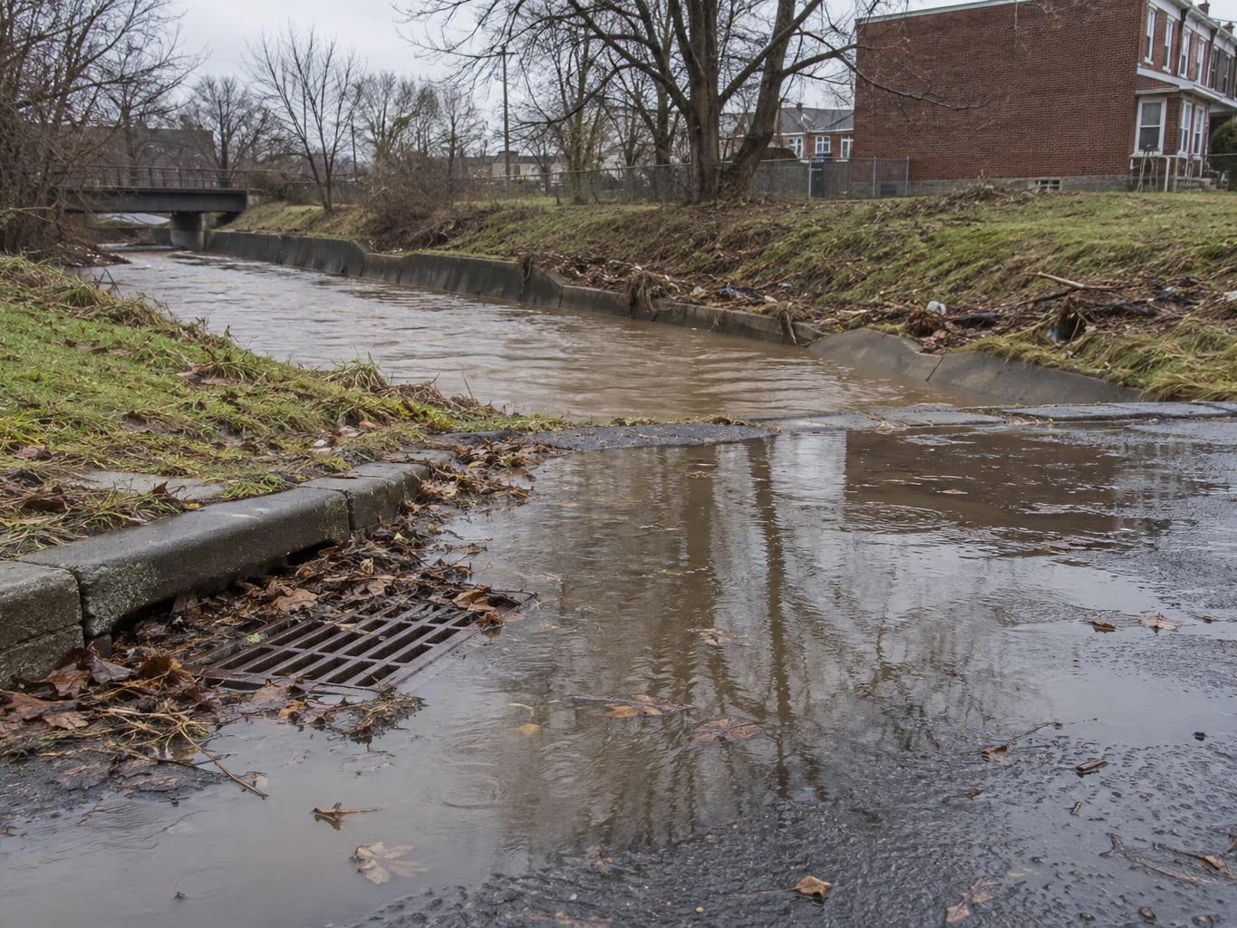 A storm drain inlet packed with silt and a shallow pool at a low street corner beside a creek embankment in Trenton, New Jersey