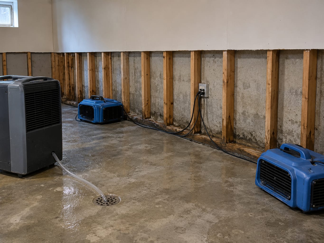An unfinished New Jersey basement during drying, a dehumidifier and two air movers standing at a wall where the lower drywall has been cut away to expose the studs