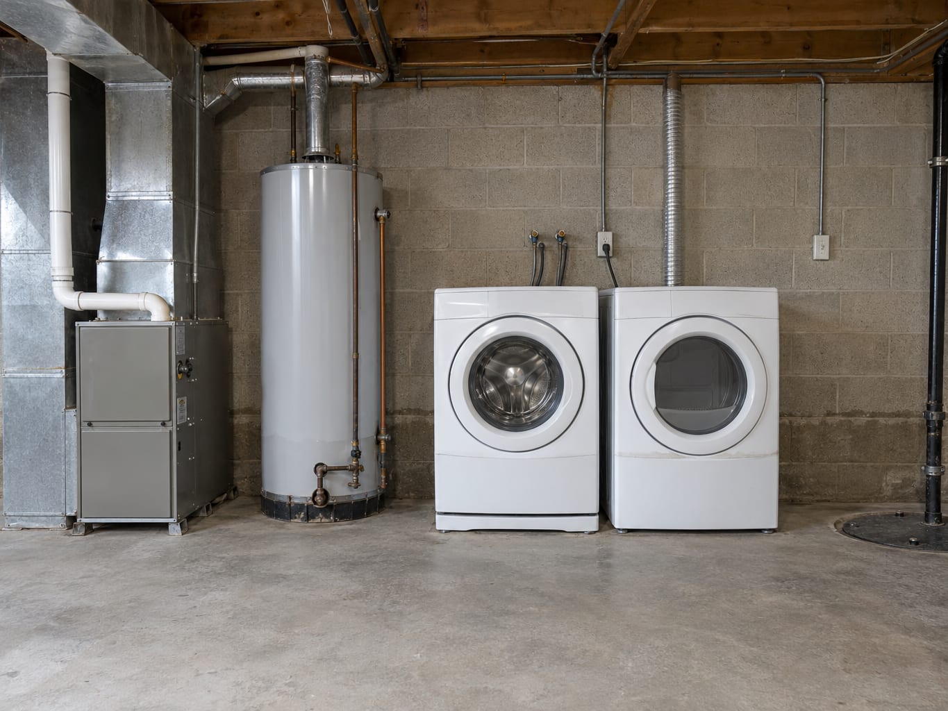 A utility corner of a New Jersey basement with a furnace, a water heater, a washer and a dryer on the concrete slab and a faint water line on the wall