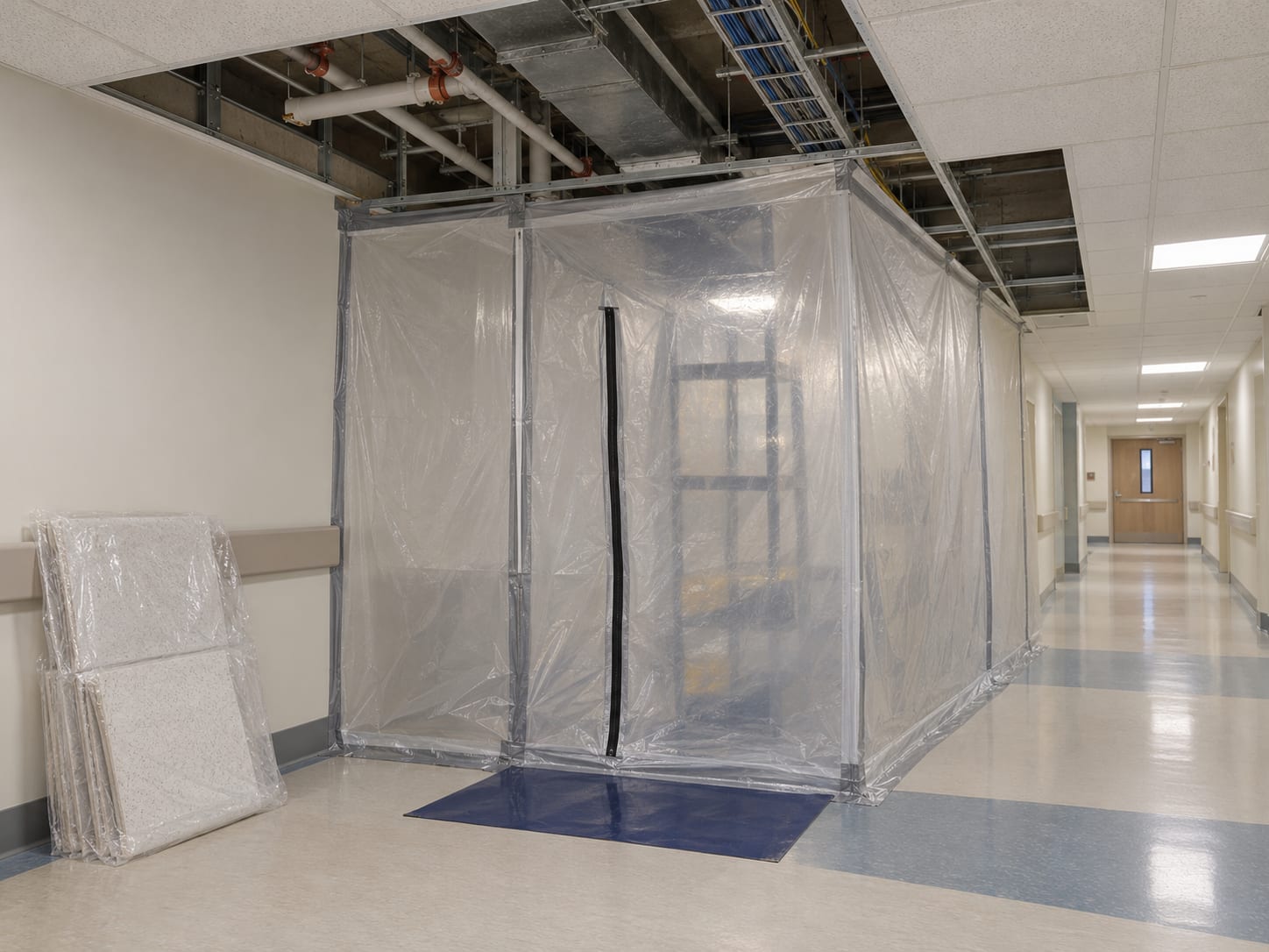 A New Jersey hospital hallway where a section of ceiling grid has been opened above a taped plastic enclosure, with ductwork and pipes visible in the space above