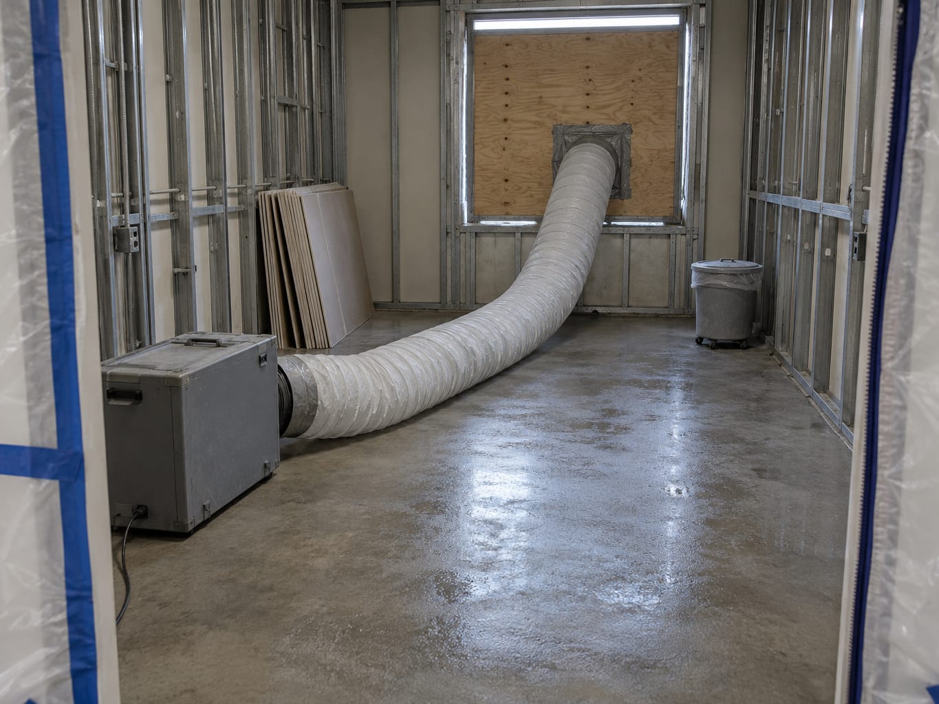 A stripped-out New Jersey hospital room under renovation with a portable HEPA negative air machine and flexible duct running to a sealed window panel