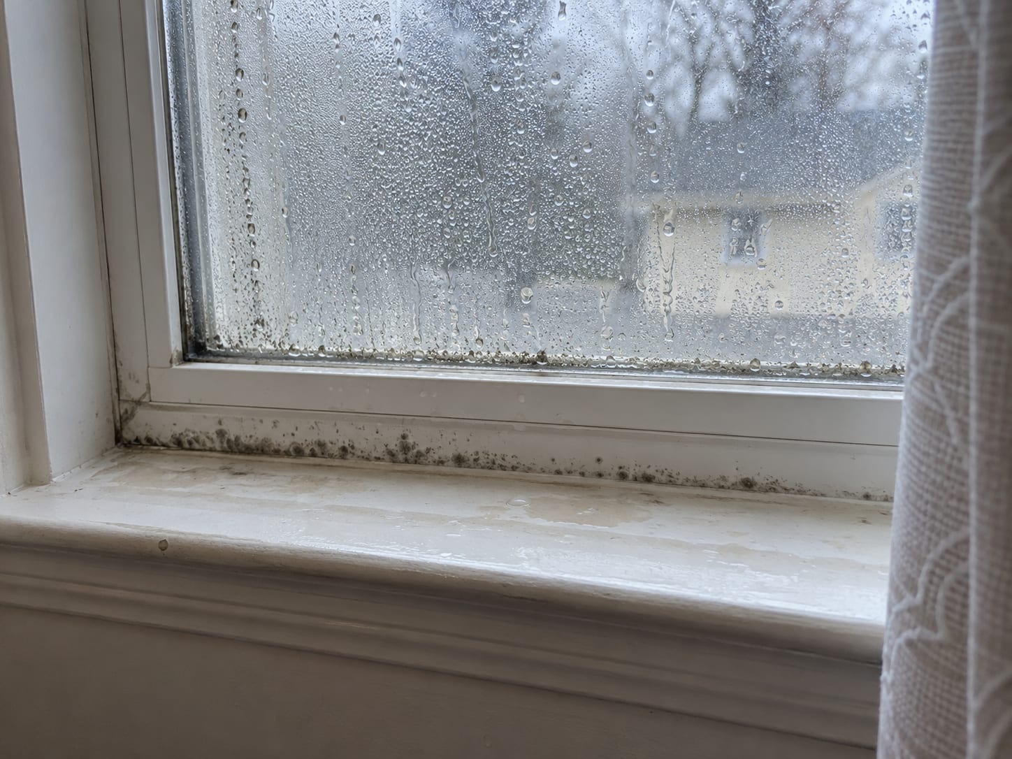 Condensation beaded on the inside of a New Jersey bedroom window with dark mildew speckling along the lower sash and sill