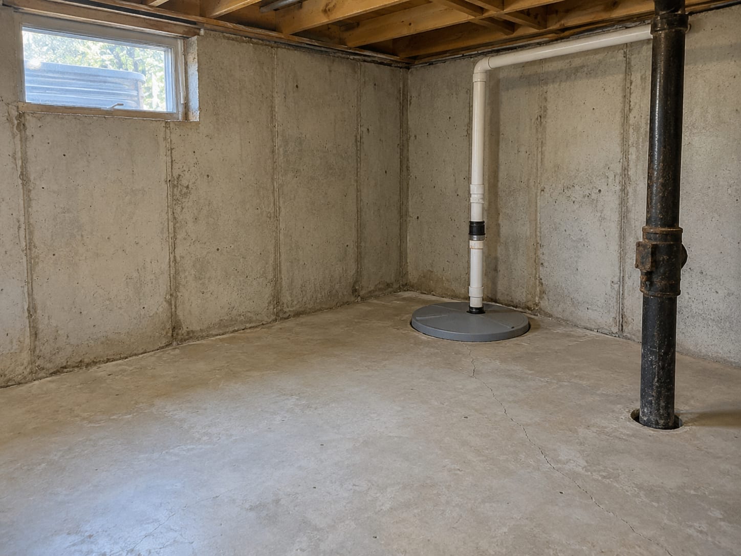 A closed sump pit lid and a hairline crack running across the concrete slab of an unfinished New Jersey basement floor beside the foundation wall