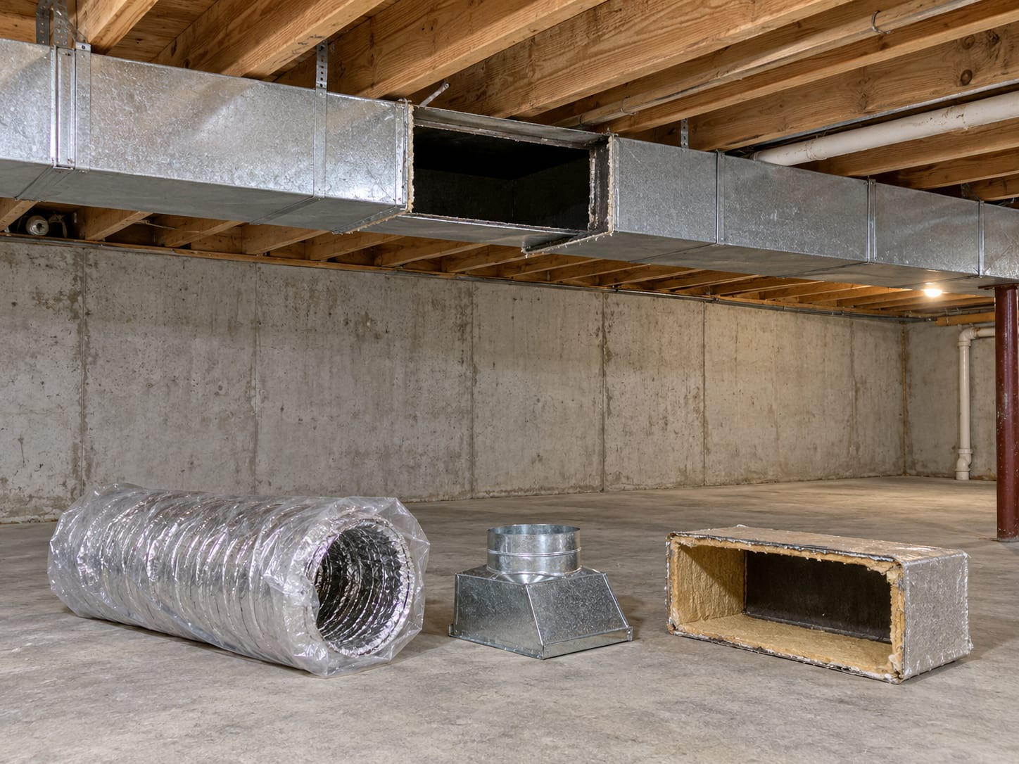 An unfinished New Jersey basement ceiling with a galvanized sheet-metal trunk duct, a section removed, and a coil of new flex duct and a new boot lying on the floor below