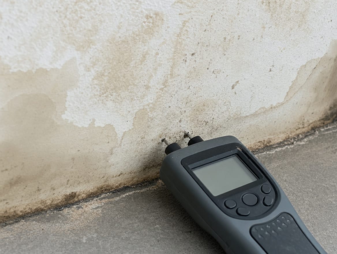 A moisture meter held against a water-stained wall in a Deal home, its pins in the damp material, recording a reading for the claim file