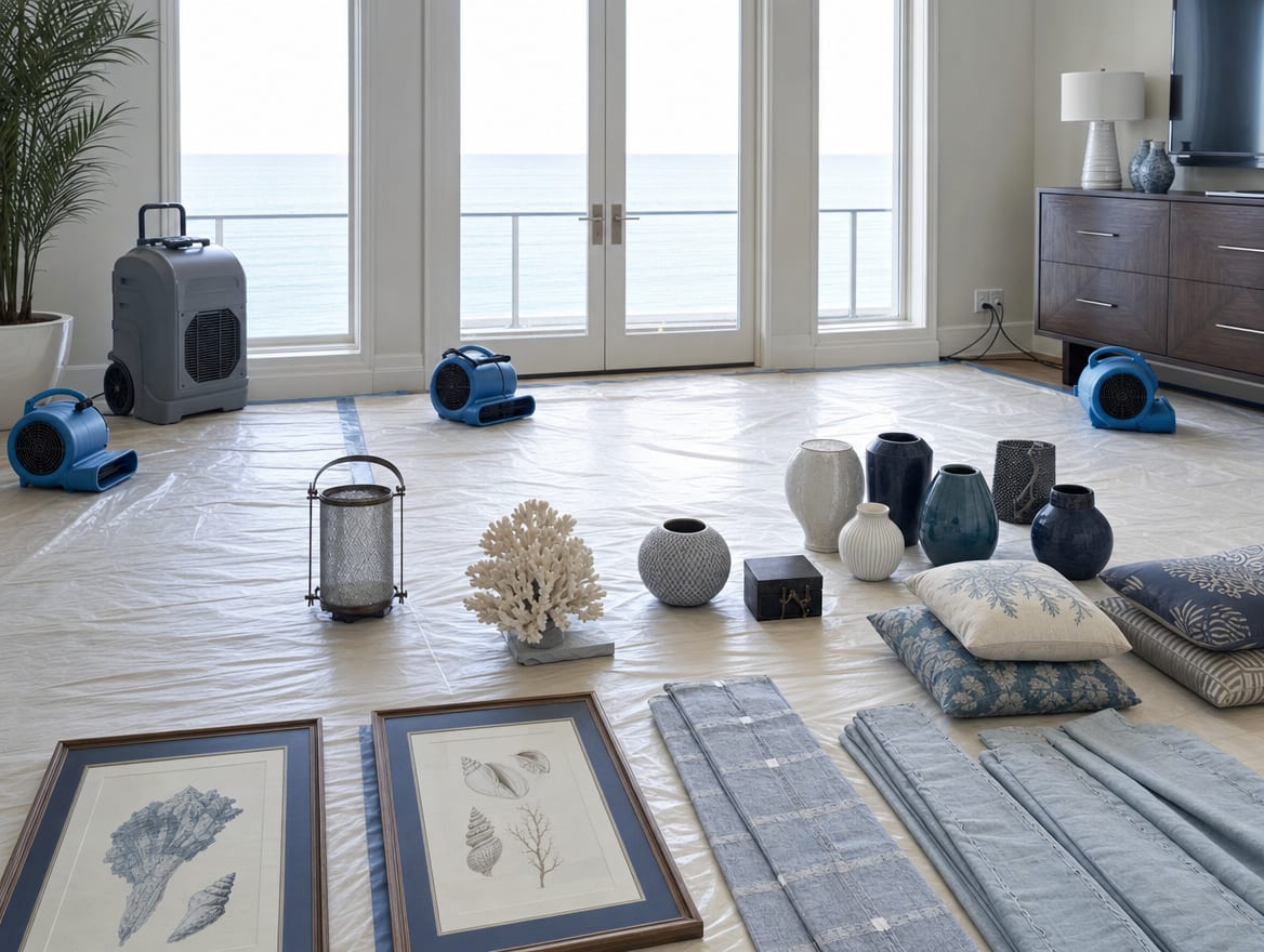 Air movers and a dehumidifier running in a Deal room while affected high-value contents are laid out and tagged for the claim inventory