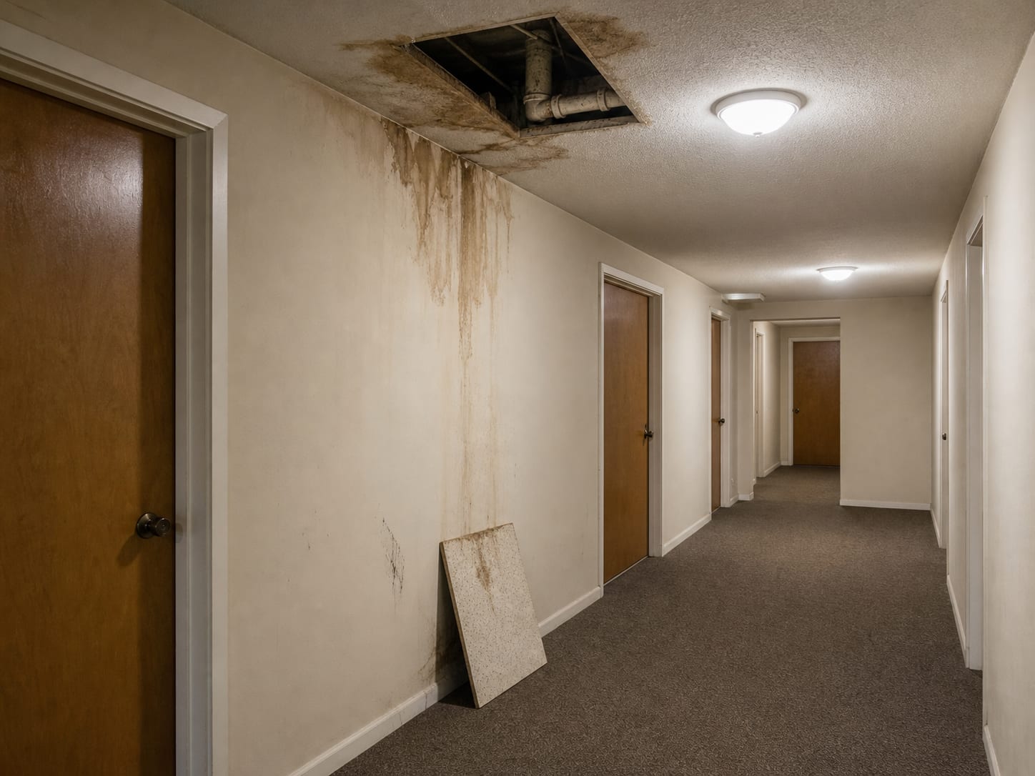 A wider view of a common corridor in an East Windsor garden apartment building where a ceiling access panel stands open, exposing a shared plumbing riser and the stained board around it
