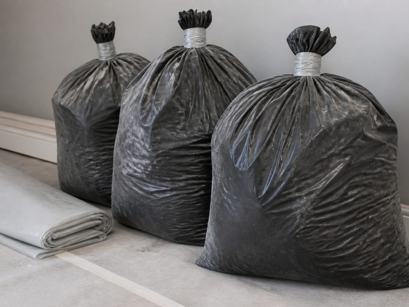 A close view of sealed heavy plastic bags holding removed drywall and insulation, staged in a neat row on floor protection against a wall in a Livingston property