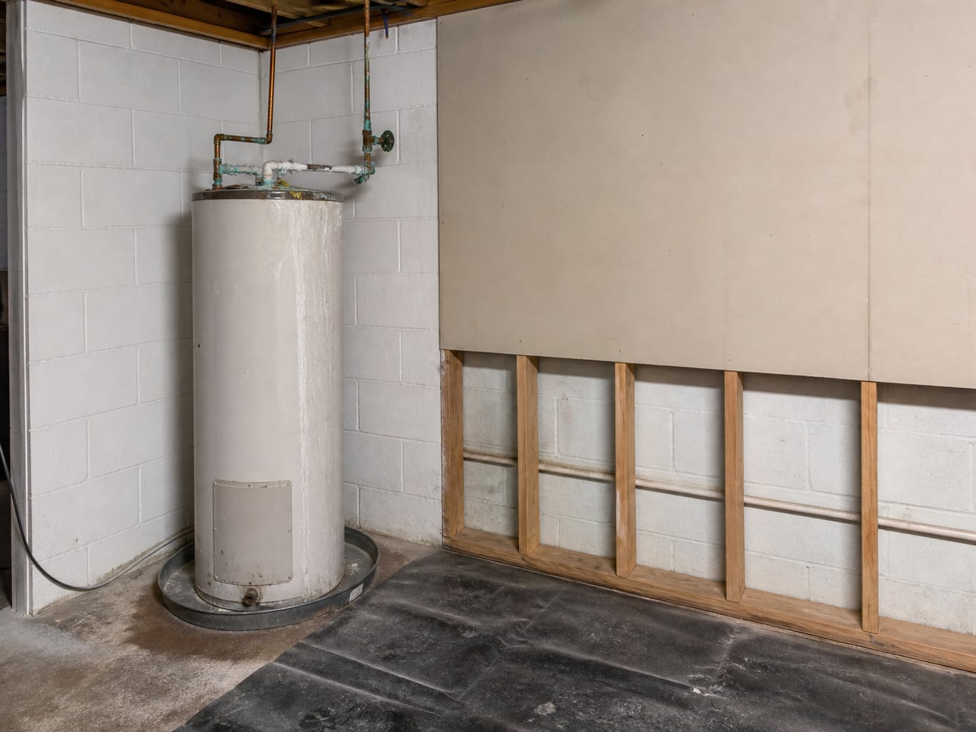 A utility corner of a Livingston basement with a water heater on the slab, corroded connections above it and the adjacent wall flood cut at the base where wet material was removed