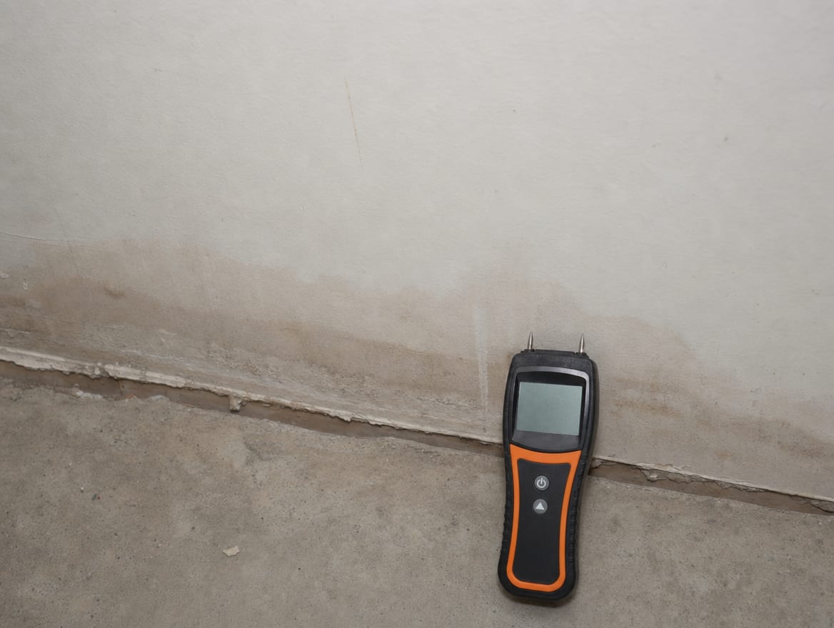 A moisture meter pressed to damp lower drywall in a Princeton Junction basement, recording how far the water spread after a late-discovered loss