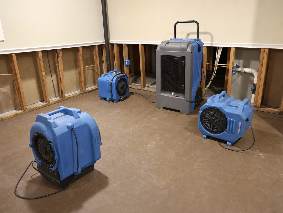 Air movers and a dehumidifier running on exposed framing in a Princeton Junction basement, the drying process that produces the daily records a claim relies on