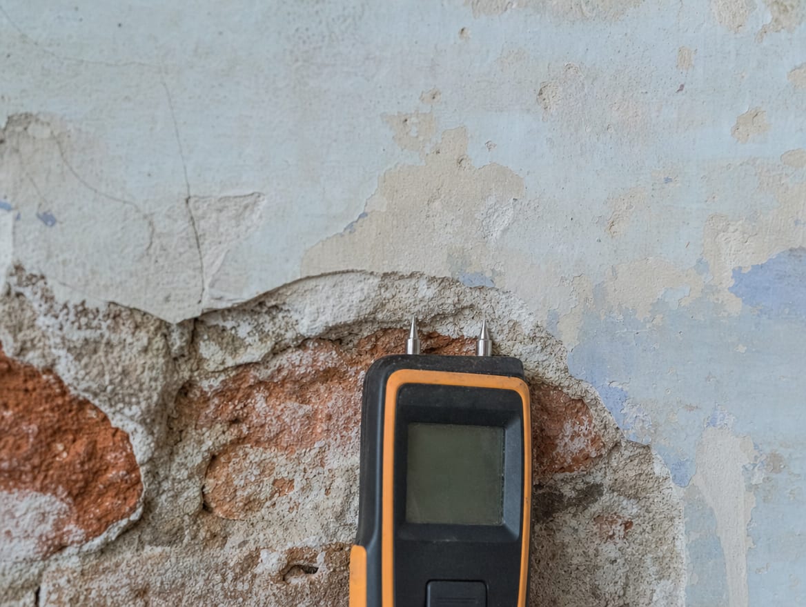 A moisture meter pressed to water-damaged historic plaster over masonry in a Princeton building, documenting the reading on an older finish