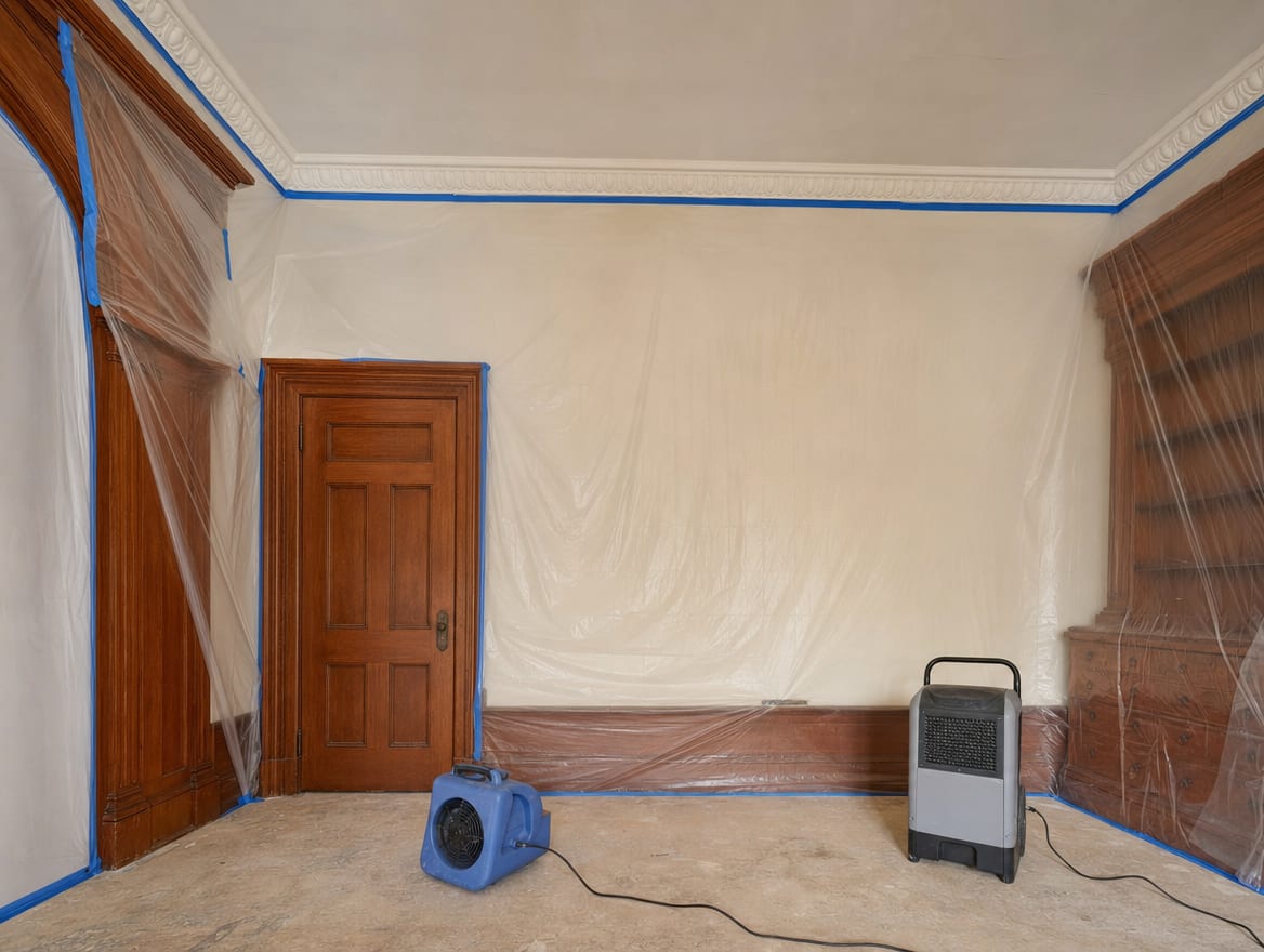 Protective covering over historic trim and plaster with drying equipment running in a Princeton building, the mitigation documented for the claim