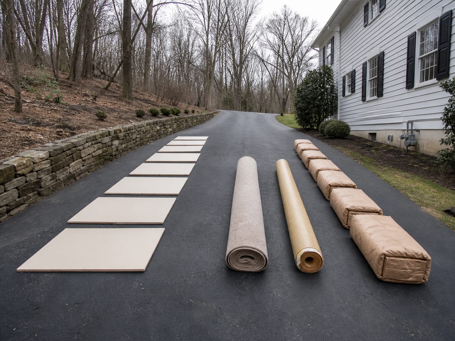 Cut drywall sections, rolled carpet and bagged insulation laid out in an orderly row on a driveway before disposal, in Warren, New Jersey