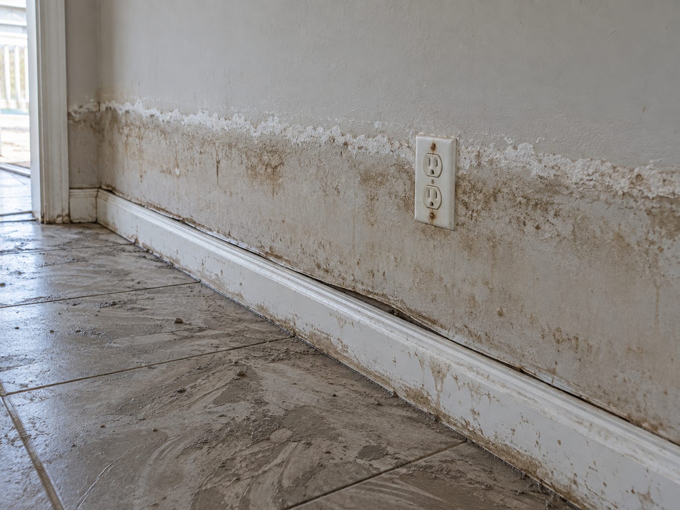 A crusty white salt residue line on the lower drywall of a ground floor room in a New Jersey shore home, running across a wall outlet, with silt on the tile floor