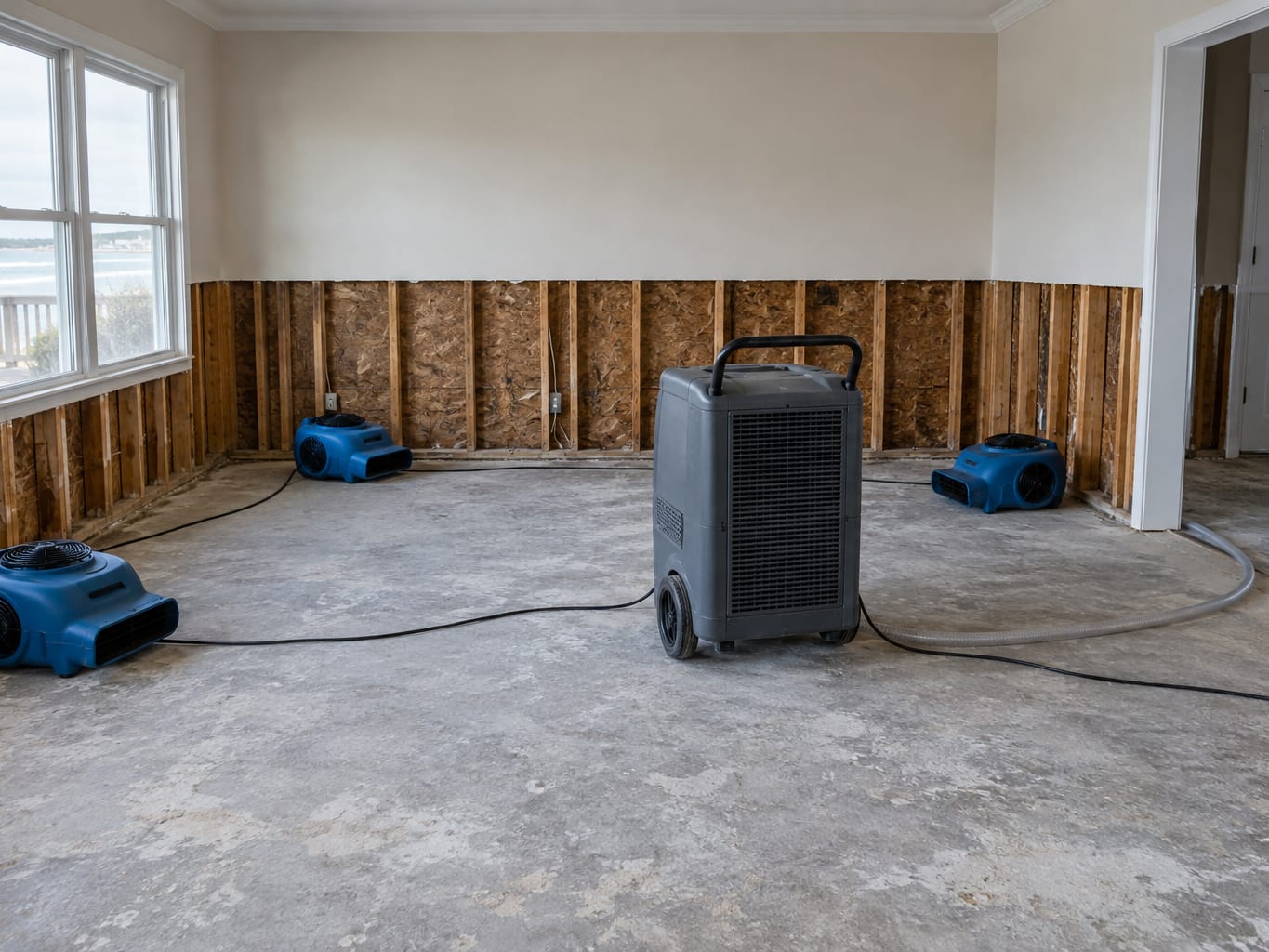 A ground floor room in a New Jersey shore home with the drywall and insulation cut out to four feet, exposing studs while air movers and a dehumidifier dry the framing