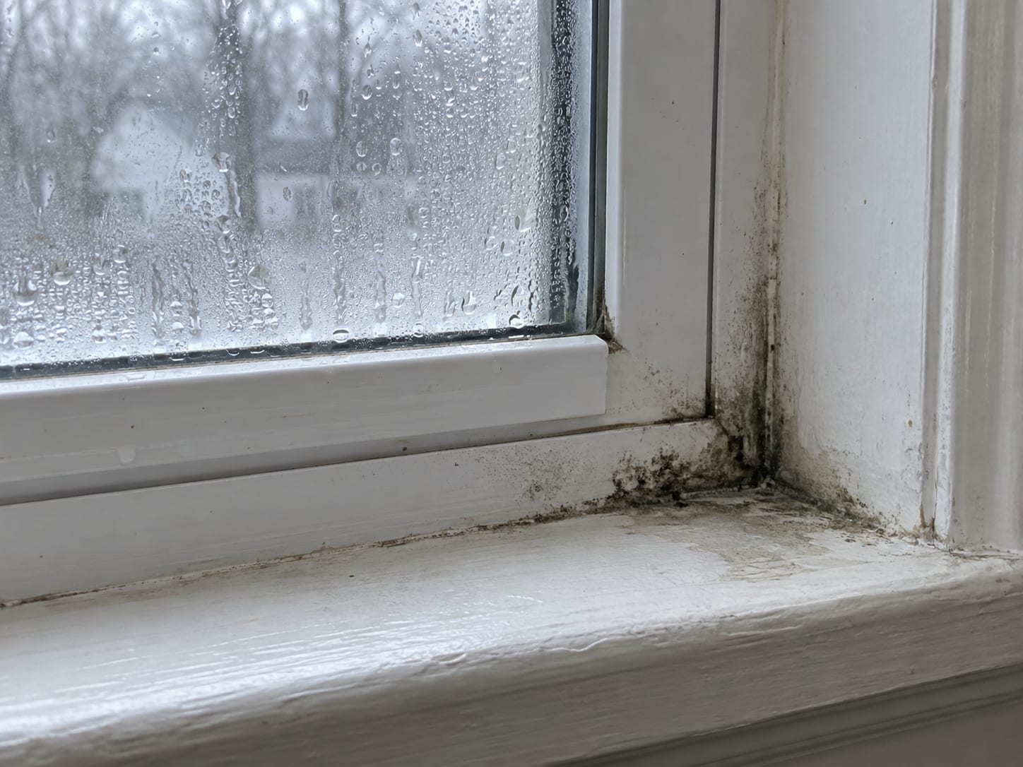 Vinyl window frame and sill in a Bridgewater, New Jersey bedroom with beads of condensation and visible dark growth in the lower corner